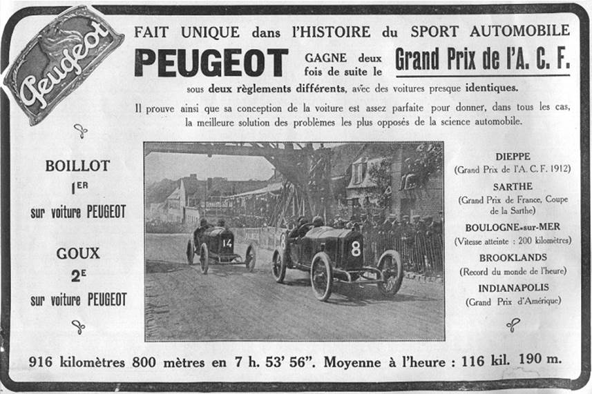 1913 - FOTO_4 PUBLICIDAD DE PEUGEOT DEl ACF QUE GANA BOILLOT